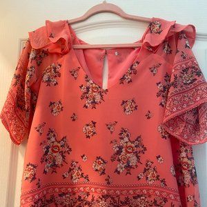 Bright Peach Floral Dress Shirt Boho Sheer